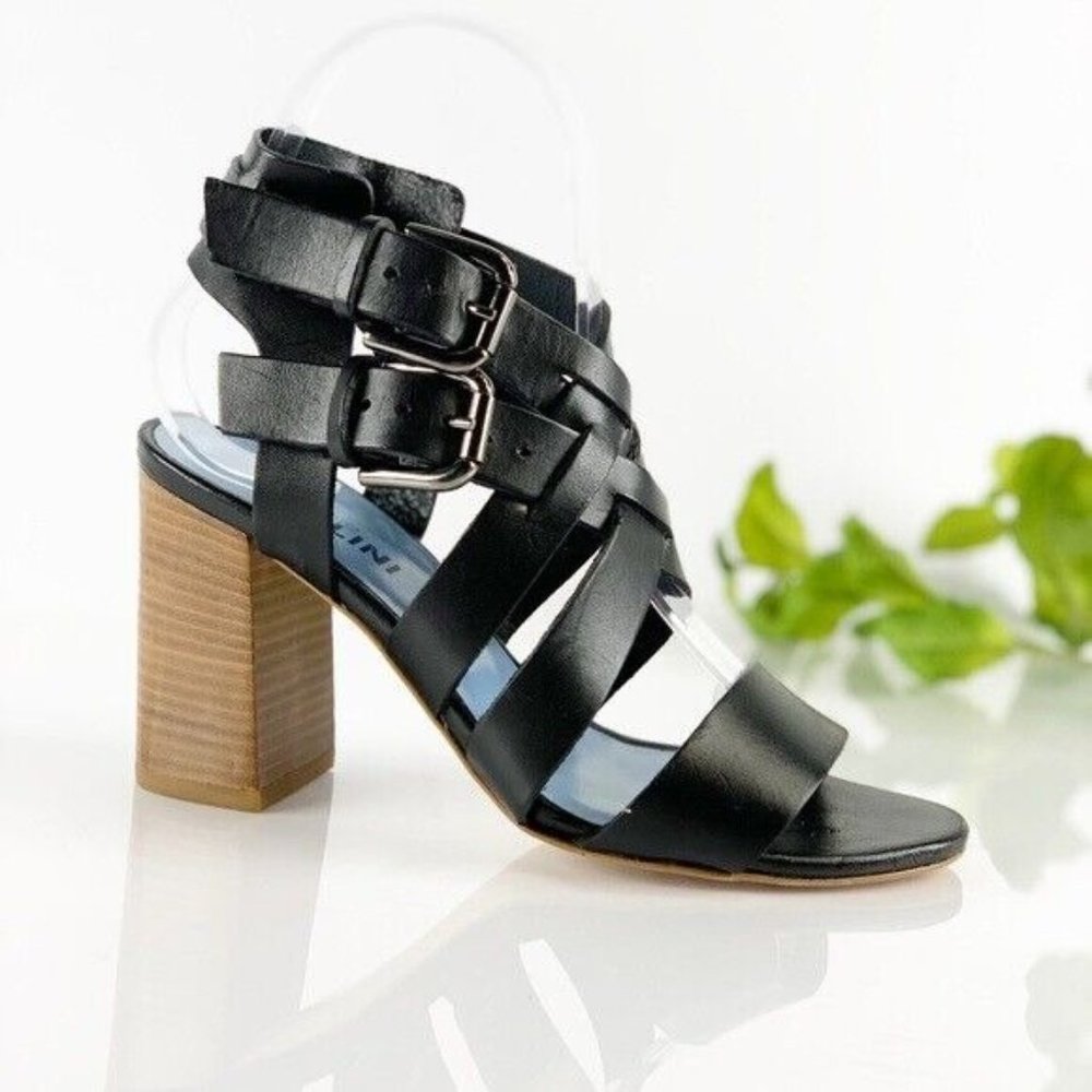 Studio Pollini Italy Women's Sandal Size 5.5 Block Heel Gladiator Black Leather